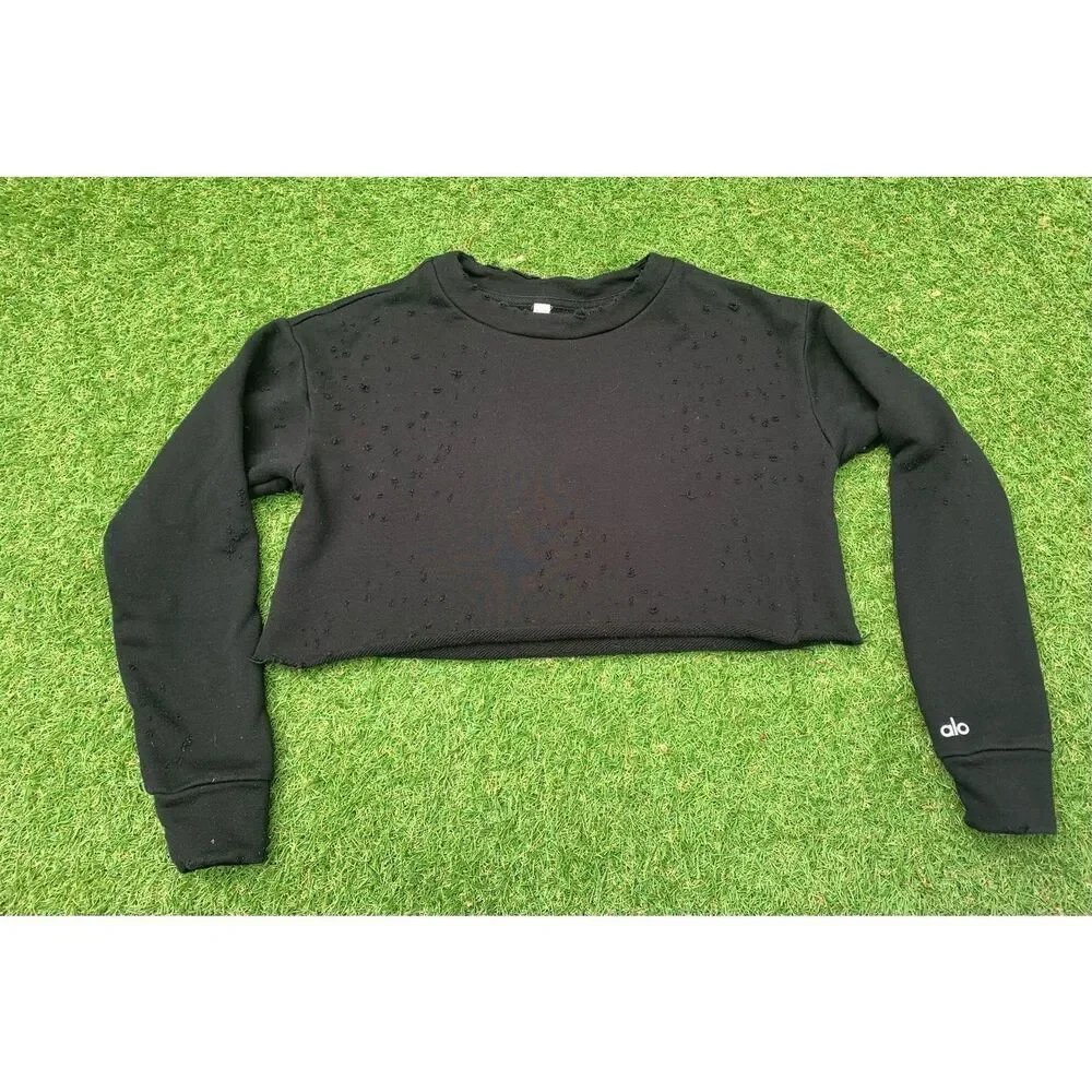 Alo Yoga Fierce Distressed Raw Black Crop Sweatshirt Top sz XS
